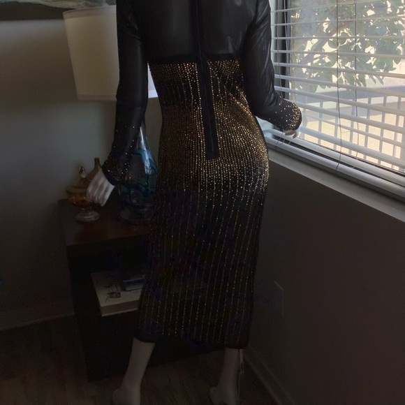 Sheer Gold-Beaded Long-Sleeve Midi Dress - Picture 8 of 10